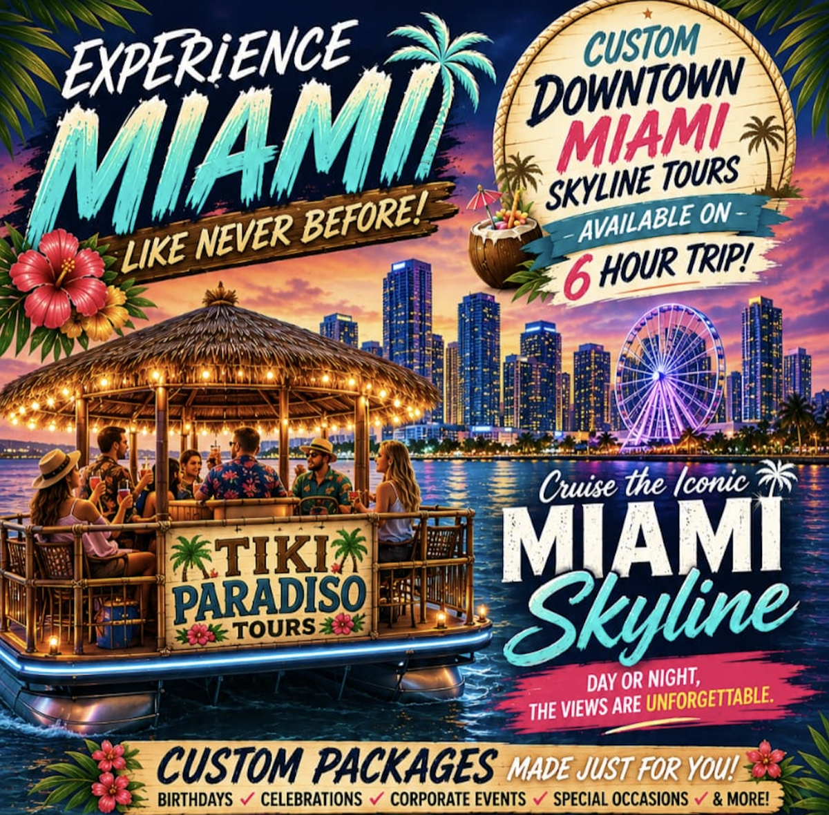 Experience Miami — cruise the iconic downtown skyline on the Tiki Paradiso