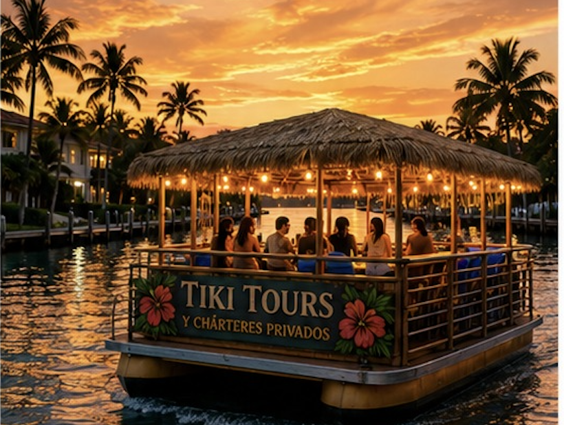 Custom tiki boat adventure tailored to your group on Biscayne Bay at sunset