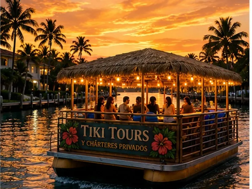 Custom tiki boat adventure tailored to your group on Biscayne Bay at sunset